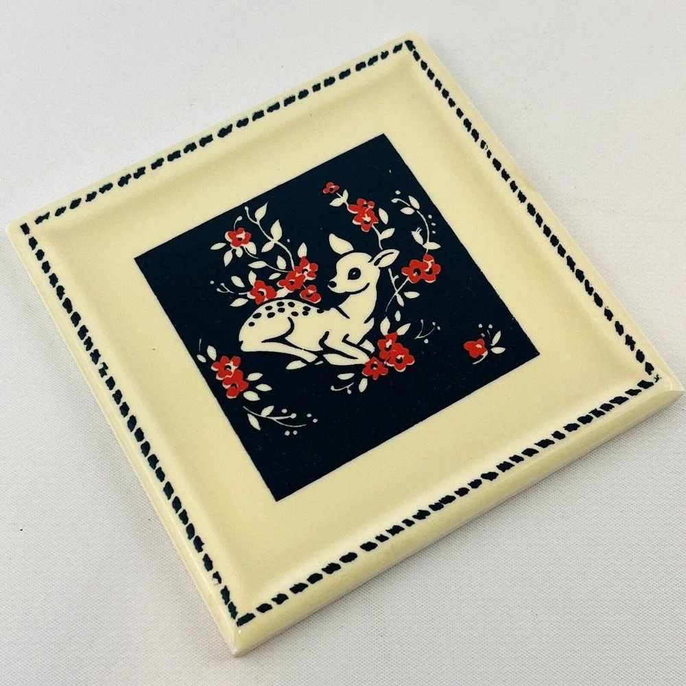 Vintage Kemptone Deer Tile‎ Set of 2 Ivory Blue Pink Flowers 4x4 Original Box